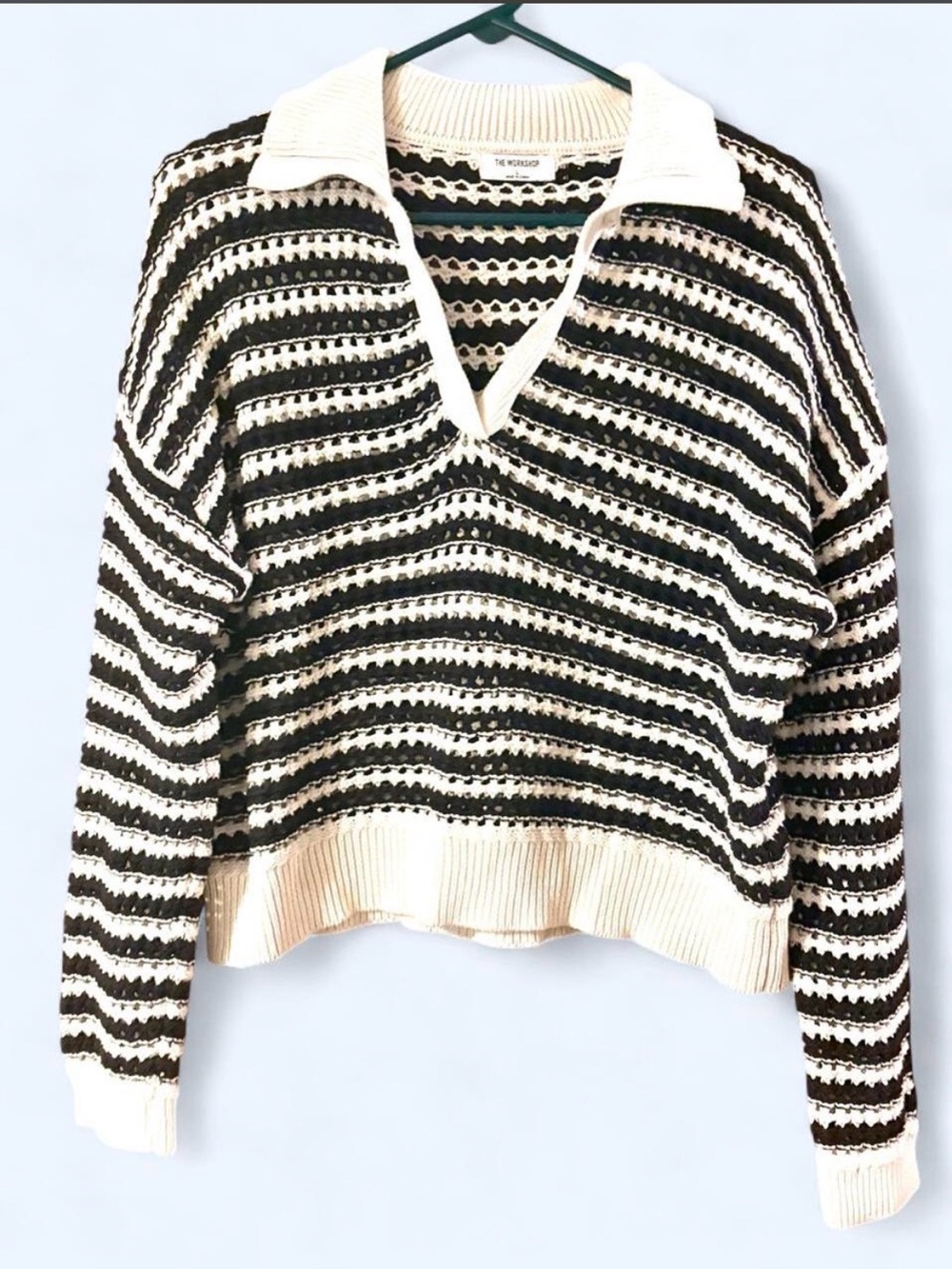 The Workshop Striped Knit Polo Sweater in Cream and Black SZ Large